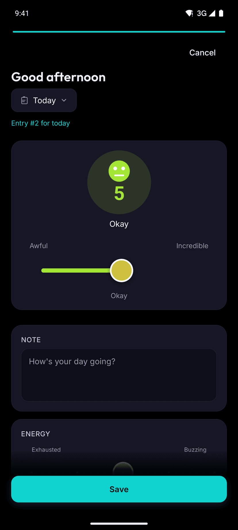 Mood check-in screen with emotion and activity tags