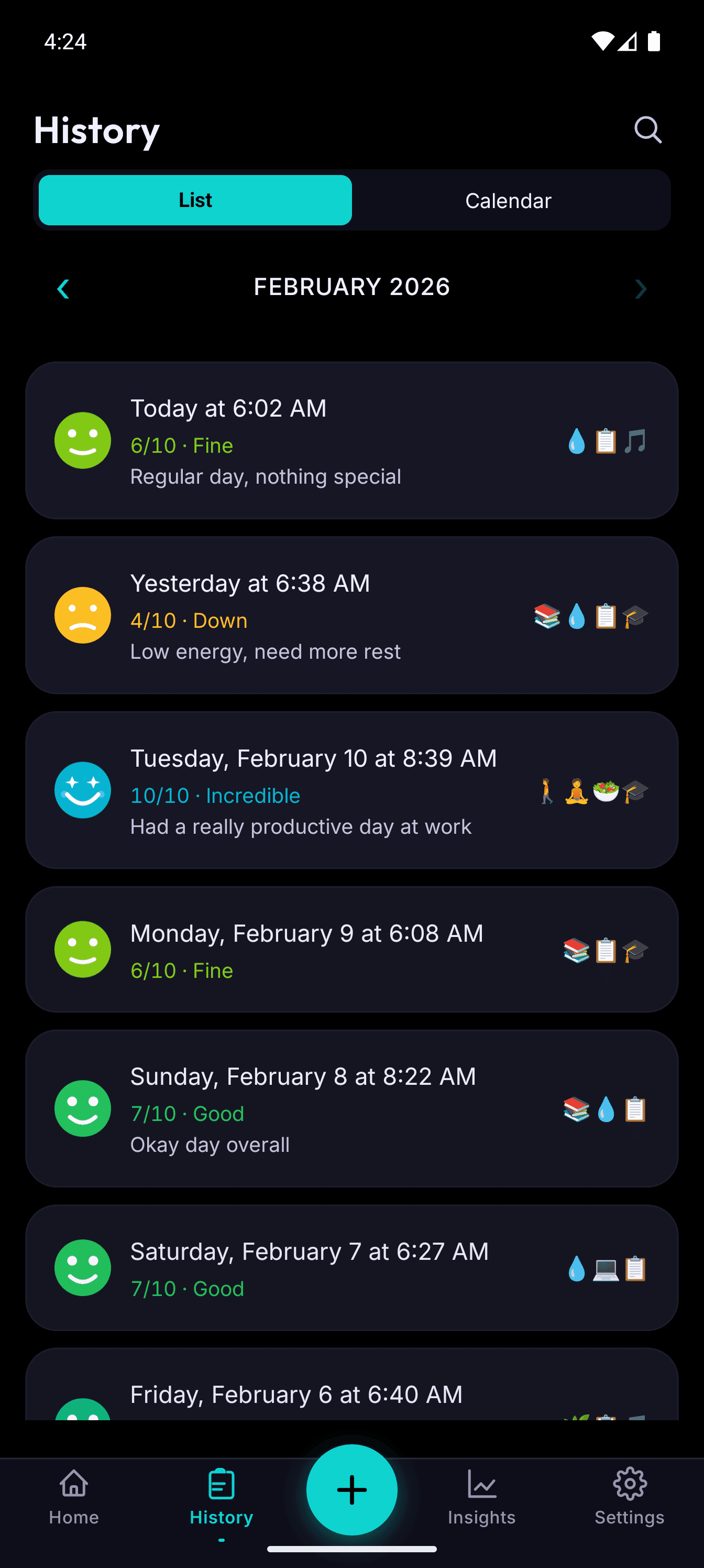 Calendar view with mood-colored faces for each day