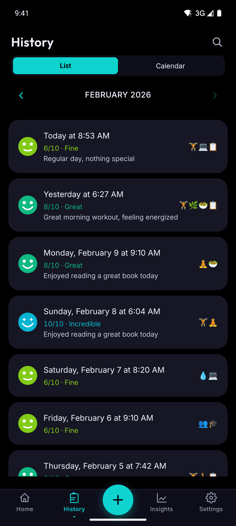 Mood history timeline with past entries