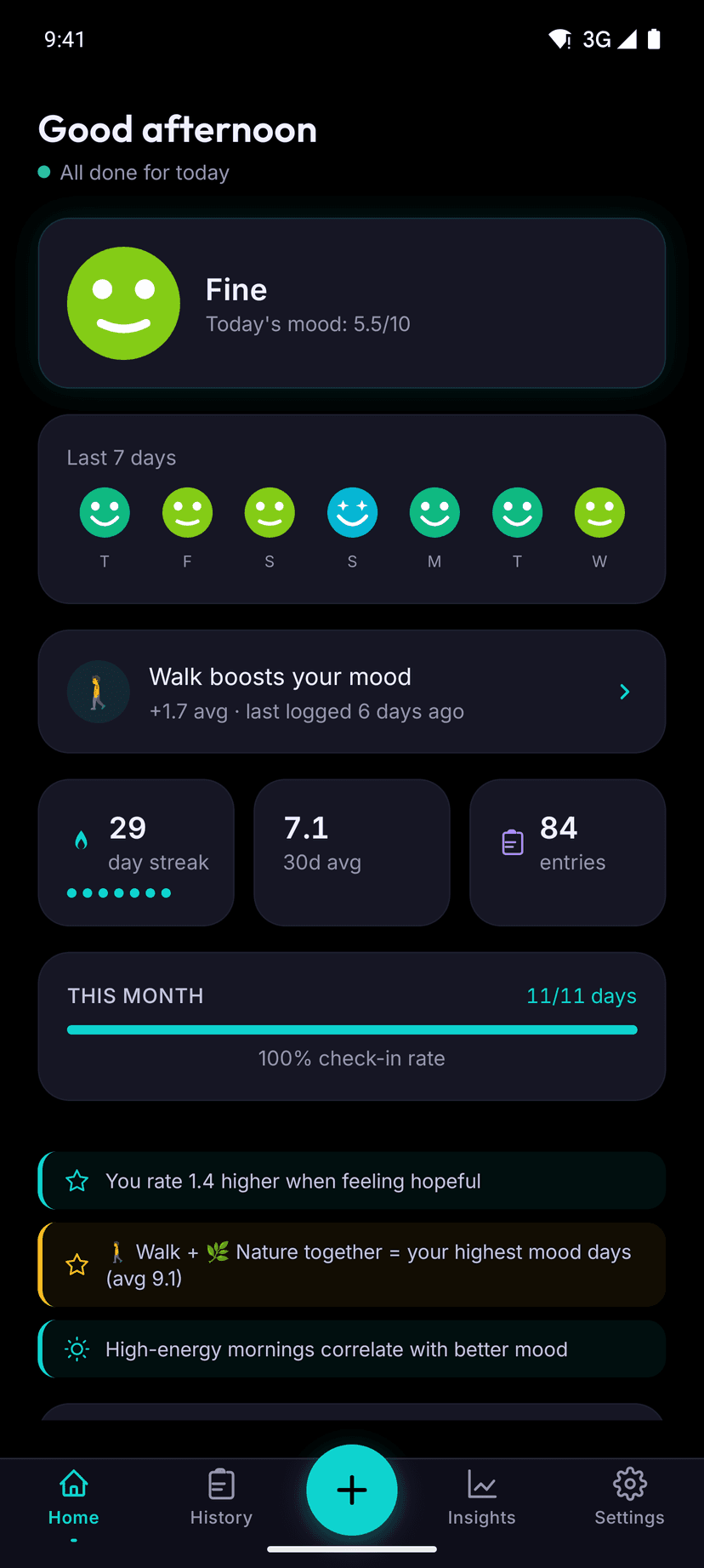 MoodArc home screen with daily mood overview