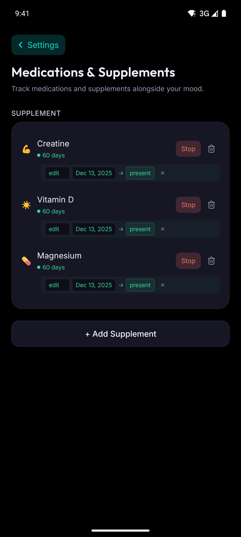 Medication and supplement tracking with onset timing
