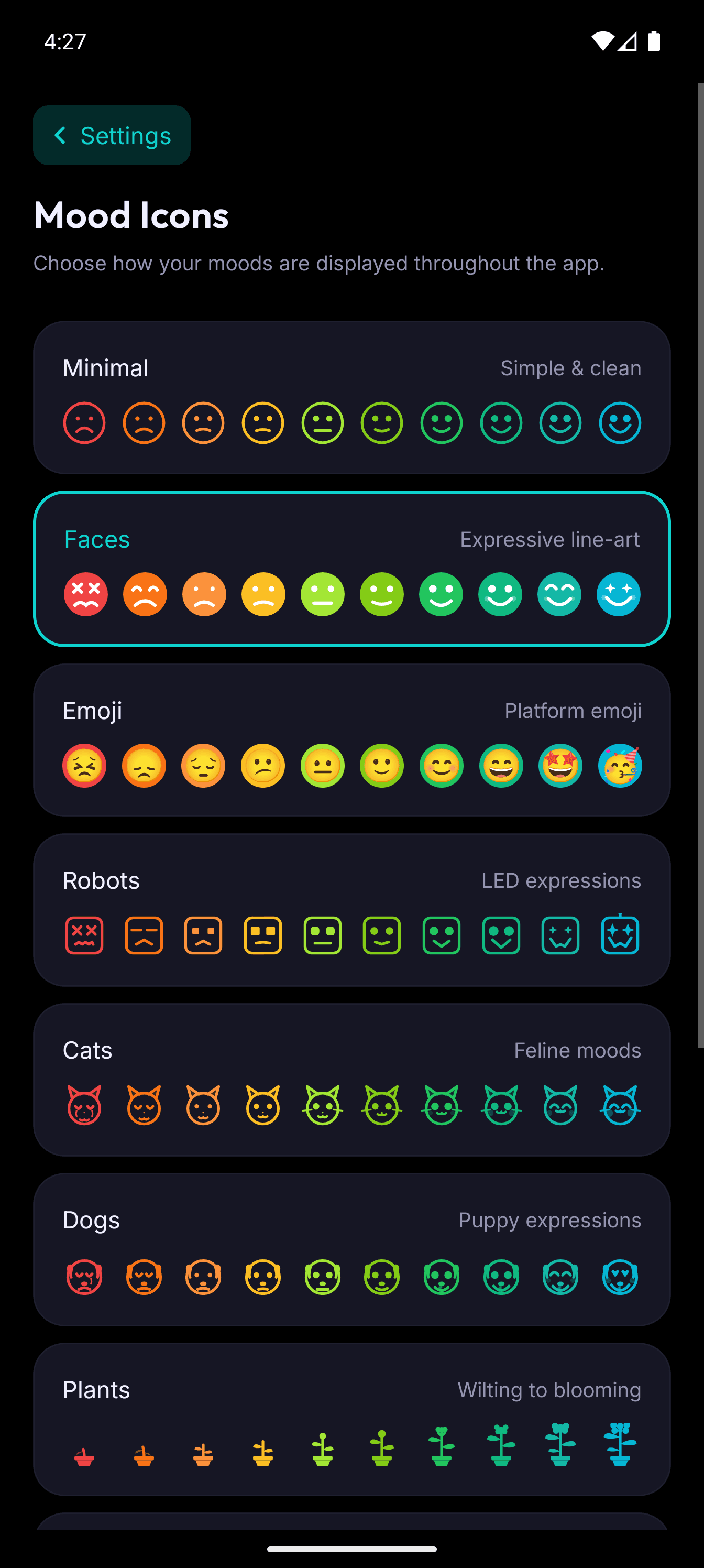 12 mood icon styles including faces, robots, cats, and dogs